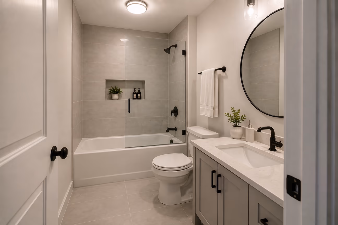 A typical 5 by 7 foot bathroom with an alcove bathtub behind a glass screen, a toilet beside it and a single vanity on the right