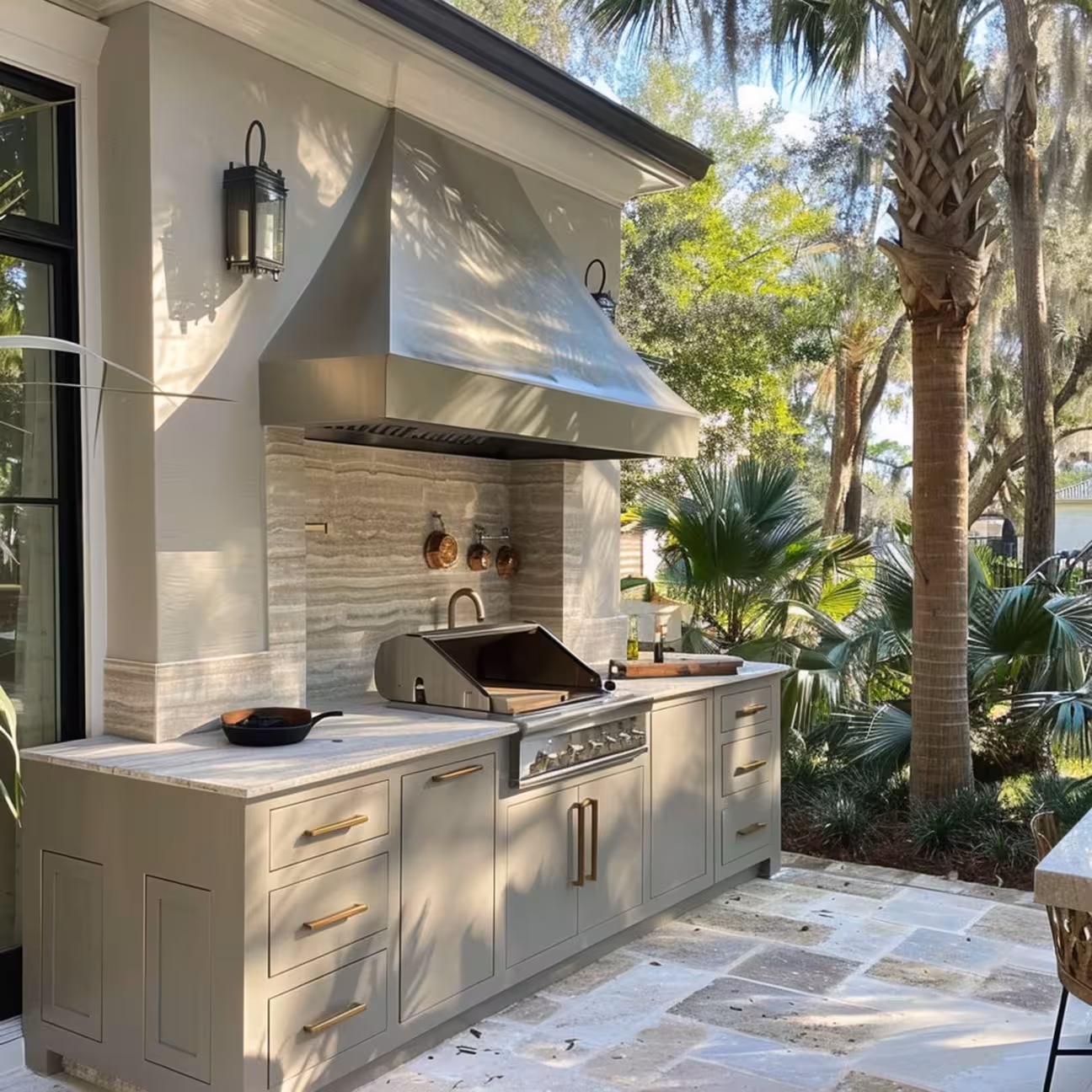 Narrow side yard outdoor kitchen with built-in grill, stainless hood, compact cabinetry, and stone countertop beside a tropical garden