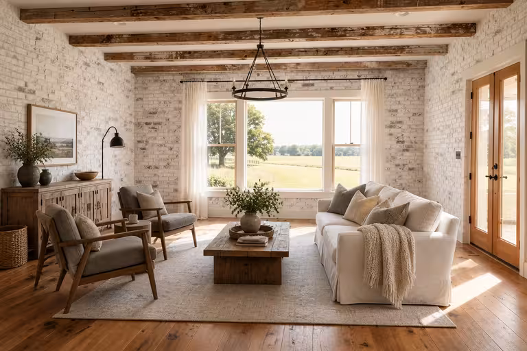 Rustic living room with exposed wood beams, white brick walls, neutral seating, and natural wood furniture