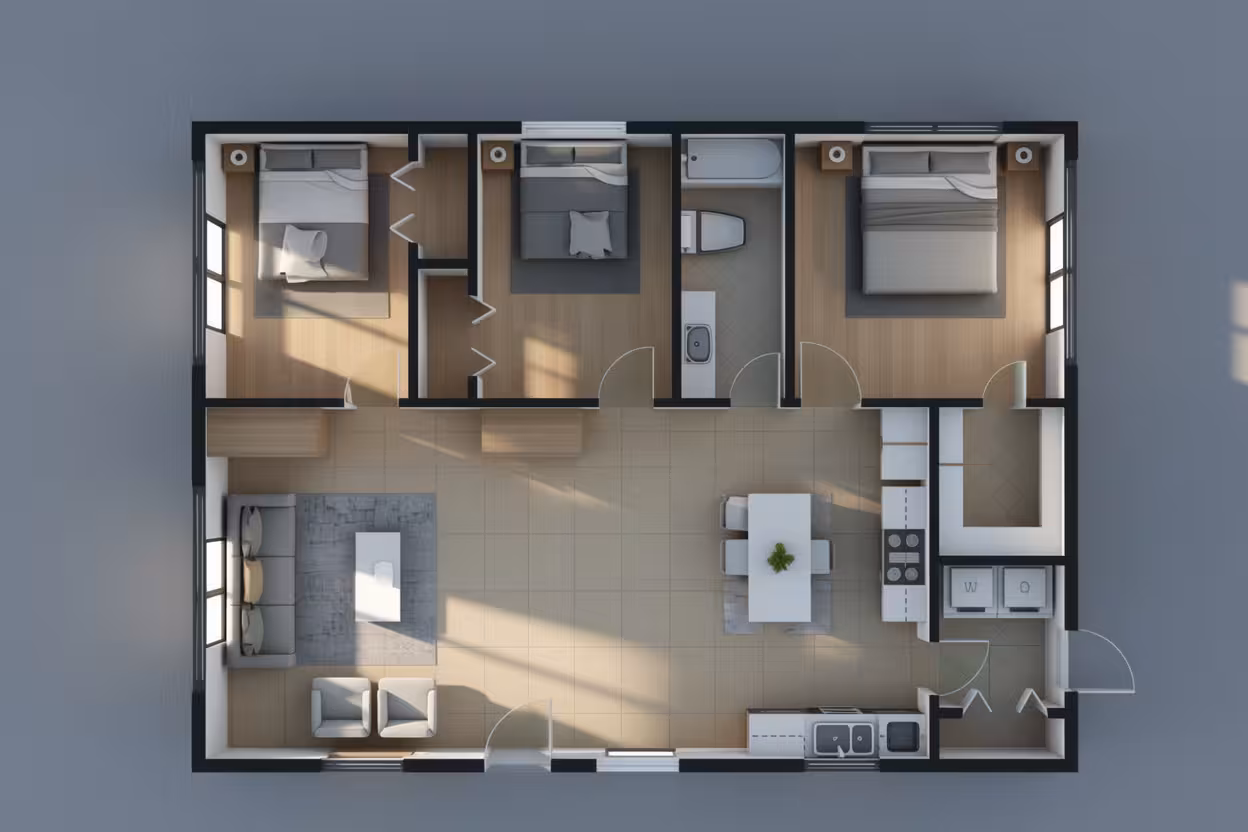 Modern 3D three bedroom house layout with open living room, dining area, kitchen, bedrooms, bathrooms, and contemporary furnishings