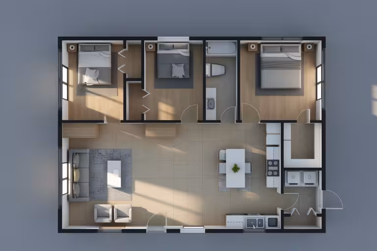 Modern 3D three bedroom house layout with open living room, dining area, kitchen, bedrooms, bathrooms, and contemporary furnishings