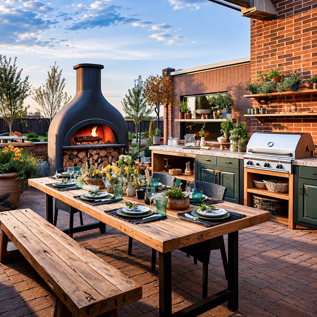 Modern outdoor kitchen with a brick pizza oven, built-in grill, wooden dining table, and lush landscaped patio at golden hour.