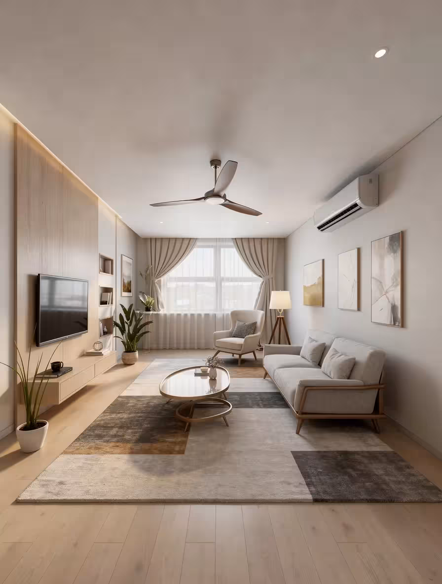 Modern Scandinavian living room with minimalist design, featuring neutral tones, a light gray sofa, armchair, geometric rug, wooden coffee table, wall-mounted TV, and soft natural lighting.