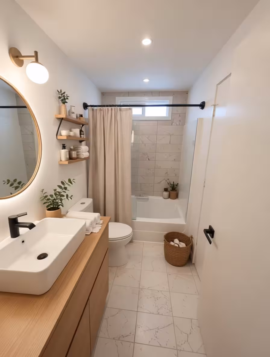 Modern Scandinavian bathroom with light oak vanity, open wood shelving, stone wall tiles, and woven basket storage