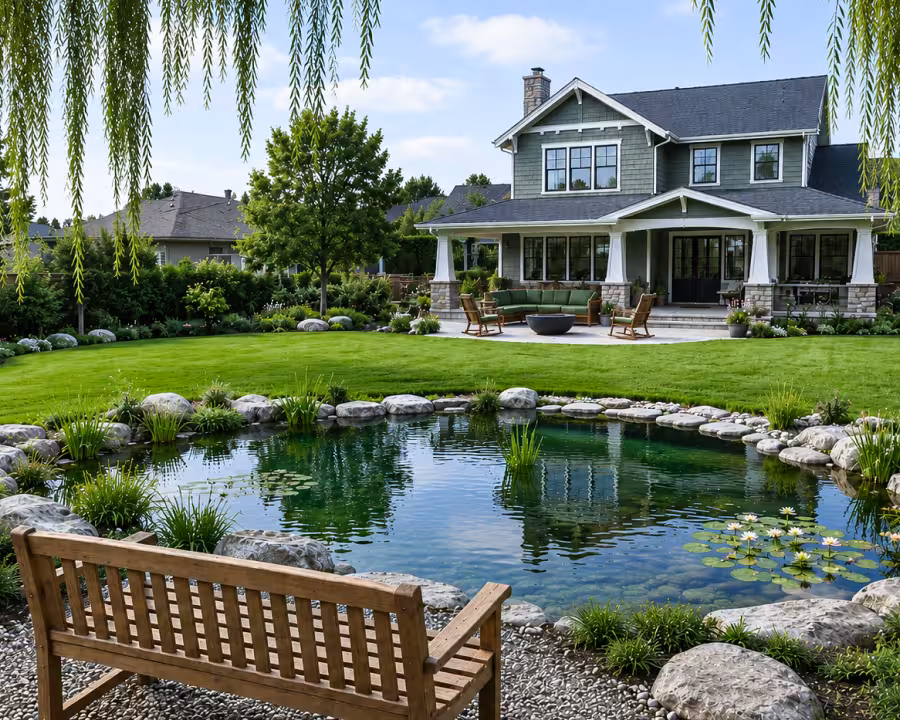 A backyard of a house with a natural pond, a bench, a large lawn.