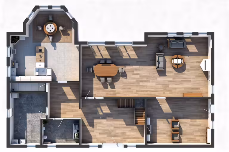 A 3D top-down floor plan of a home showing a modern layout with furnished living spaces. The design includes an eat-in kitchen with an island and breakfast nook, a dining area, formal living room with seating, additional family room, central staircase, bathroom, and utility spaces. Wood flooring, furniture placement, large windows, and natural light are visible throughout the rendered layout.