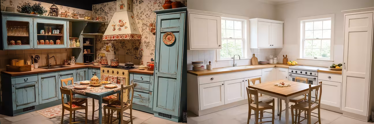 AI-generated: a kitchen that looks specific to a single era (heavy distressed wood, themed hardware, loud backsplash) next to a clean Shaker kitchen with natural stone that reads as neither old nor new