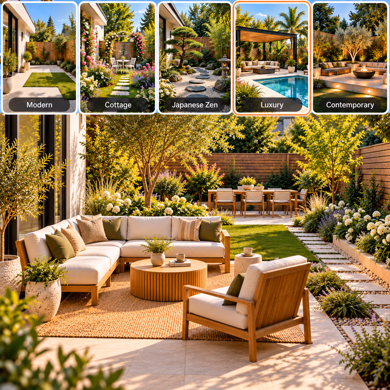 garden design ideas showing modern, cottage, japanese zen, luxury, and contemporary outdoor styles