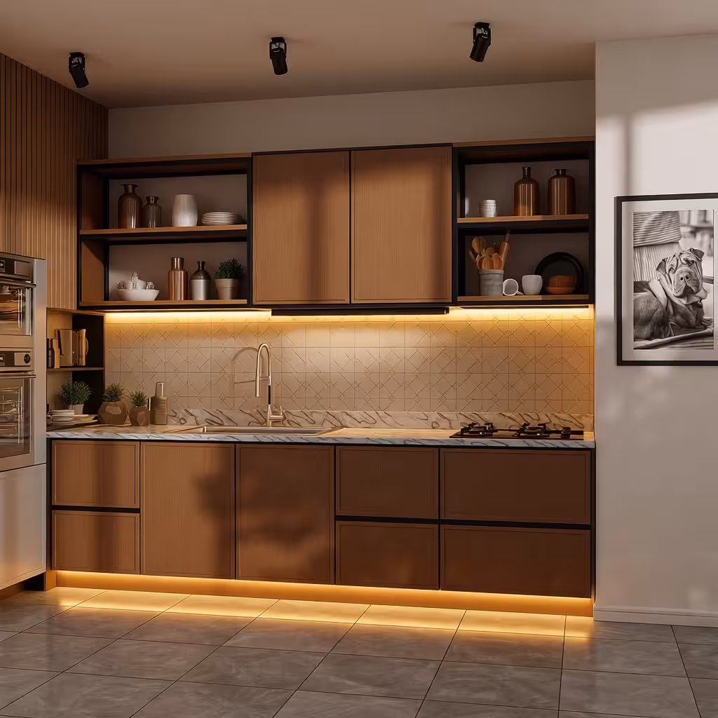 Contemporary open kitchen with warm wood cabinetry, marble countertop, under-cabinet LED lighting, sleek stainless steel appliances, and minimalist open shelving.
