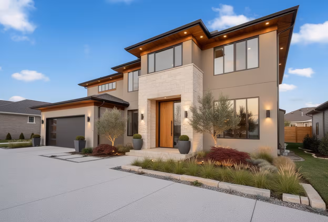 Modern Contemporary house exterior with warm wood accents, stone facade, oversized windows, and minimalist landscaping