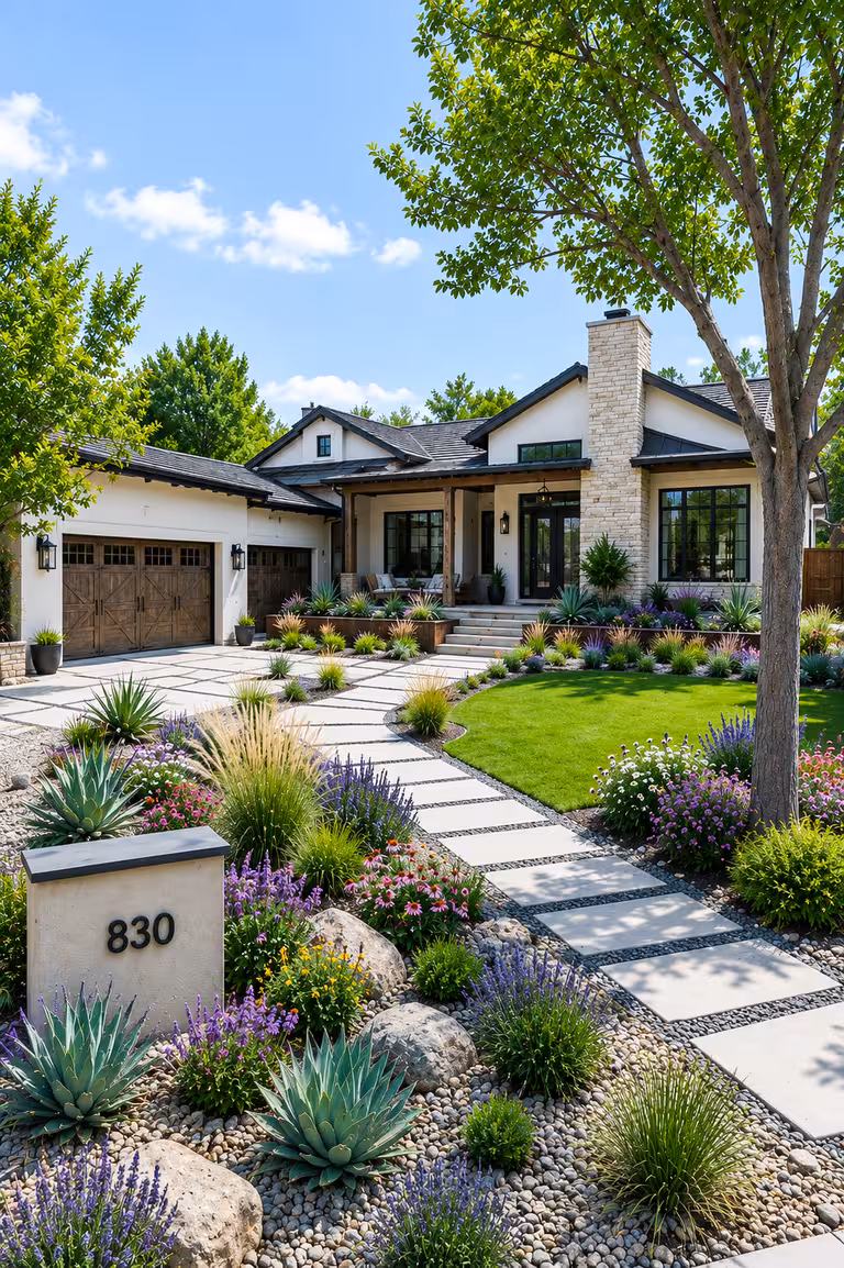 Texas hill country home with a curved concrete paver walkway through river rock xeriscape featuring large agave plants, purple lavender, ornamental grasses, natural boulders, and a small curved green lawn under a mature shade tree