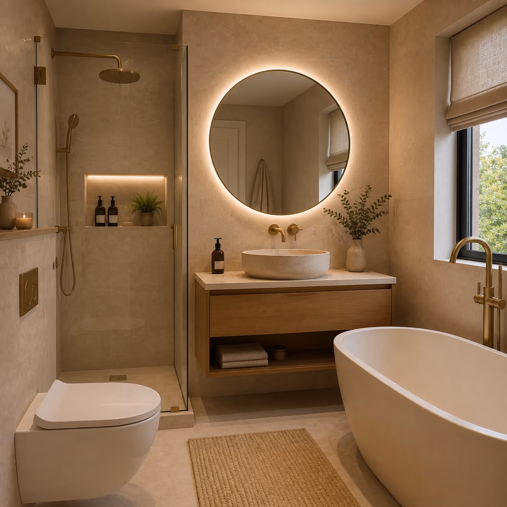 Bathroom with the toilet, basin and freestanding bath left in their original positions, with a wall hung wood vanity and brass taps