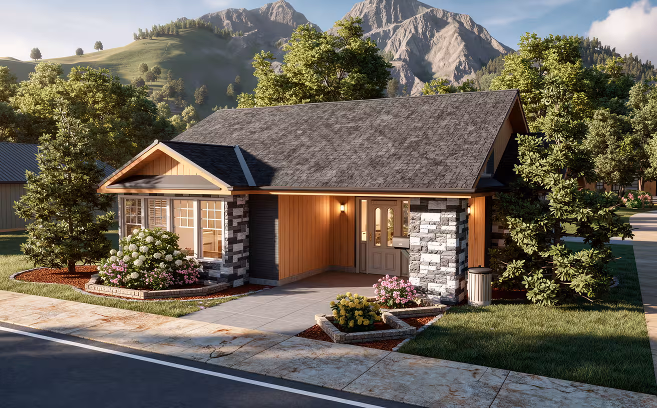 Rustic home exterior with natural stone accents, warm wood siding, mountain backdrop, and realistic landscaping