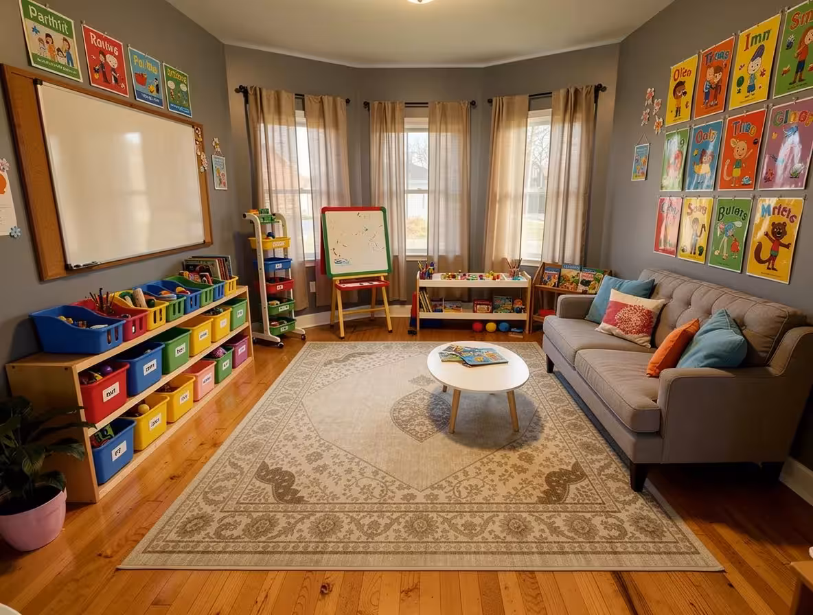 Kids learning room with colorful storage bins, educational posters, reading area, and activity table.