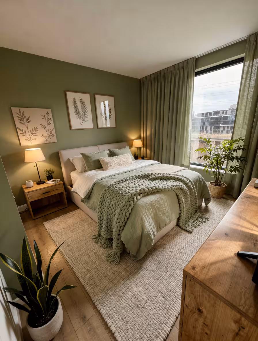 Modern Scandinavian bedroom with sage green walls, chunky knit blanket, wood furniture, and soft lighting