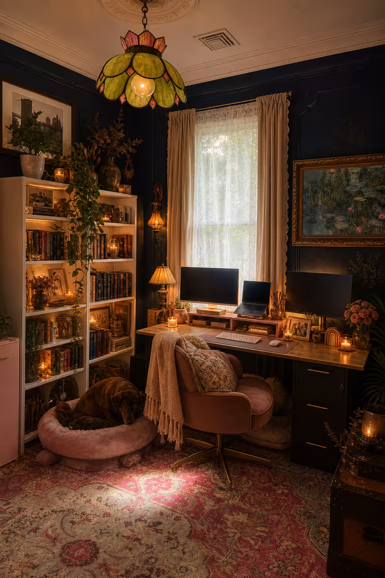 Bohemian home office with warm lighting, vintage decor, layered textiles, and cozy workspace styling
