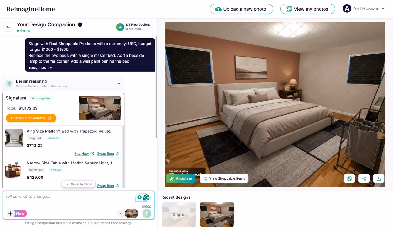 App interface of reimagine home AI