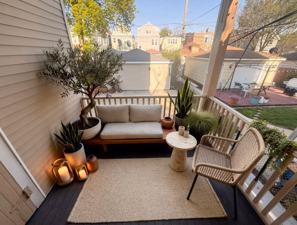 Japandi balcony with woven lounge chair, cushioned bench, layered greenery, and minimalist decor