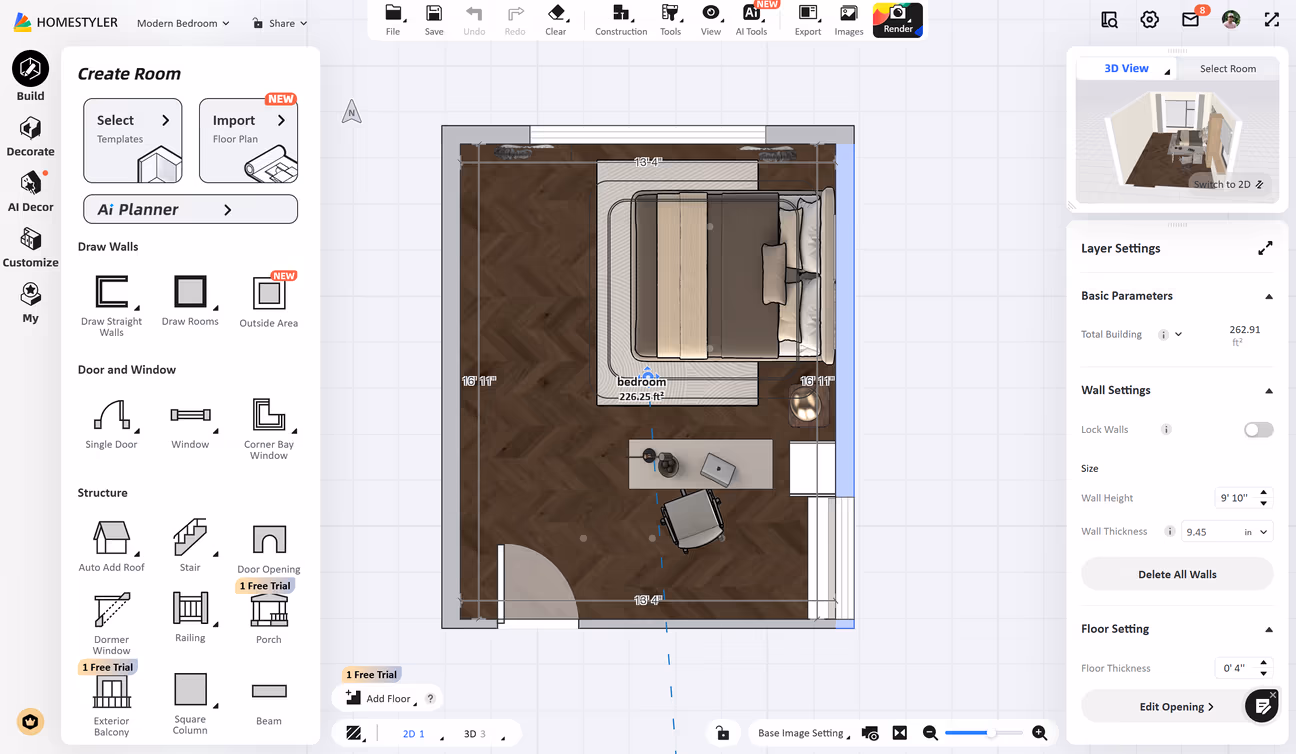 creador de planos gratis homestyler mostrando la distribución de un dormitorio con medidas