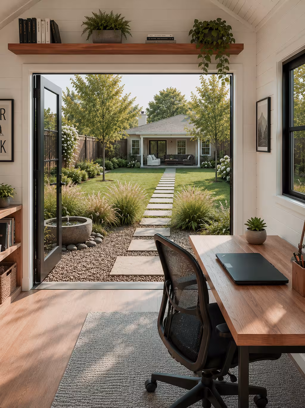 View from a home office through open French doors onto a backyard with a gravel patio, round stone water fountain, ornamental grasses, stepping stone walkway through a green lawn, and a covered porch with outdoor seating and string lights at the far end.