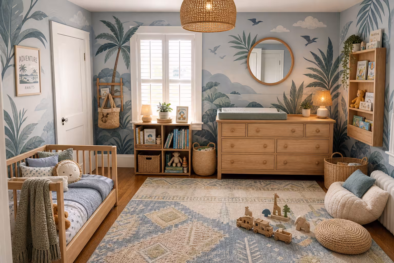 Scandinavian nursery room with tropical wall murals, light wood crib, woven baskets, soft blue-green accents, and natural textures