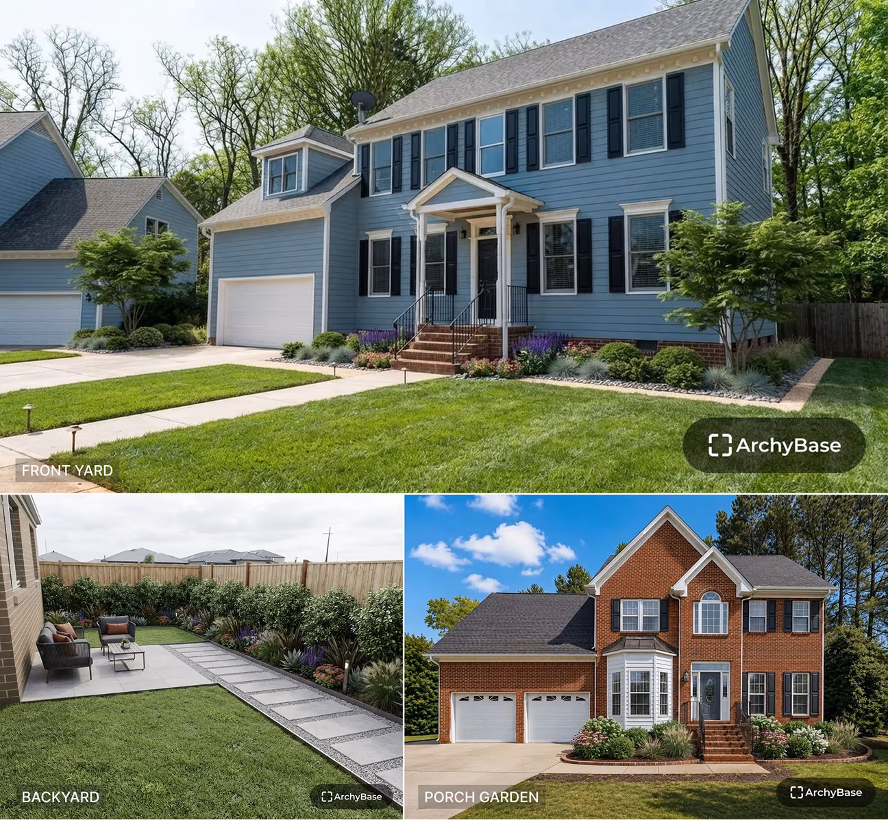 Collage of Archybase generated front yards and backyard