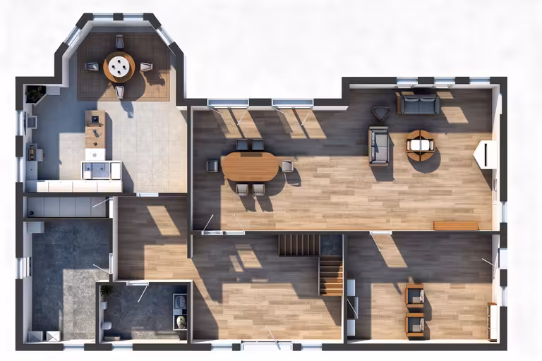 A 3D top-down floor plan of a home showing a modern layout with furnished living spaces. The design includes an eat-in kitchen with an island and breakfast nook, a dining area, formal living room with seating, additional family room, central staircase, bathroom, and utility spaces. Wood flooring, furniture placement, large windows, and natural light are visible throughout the rendered layout.