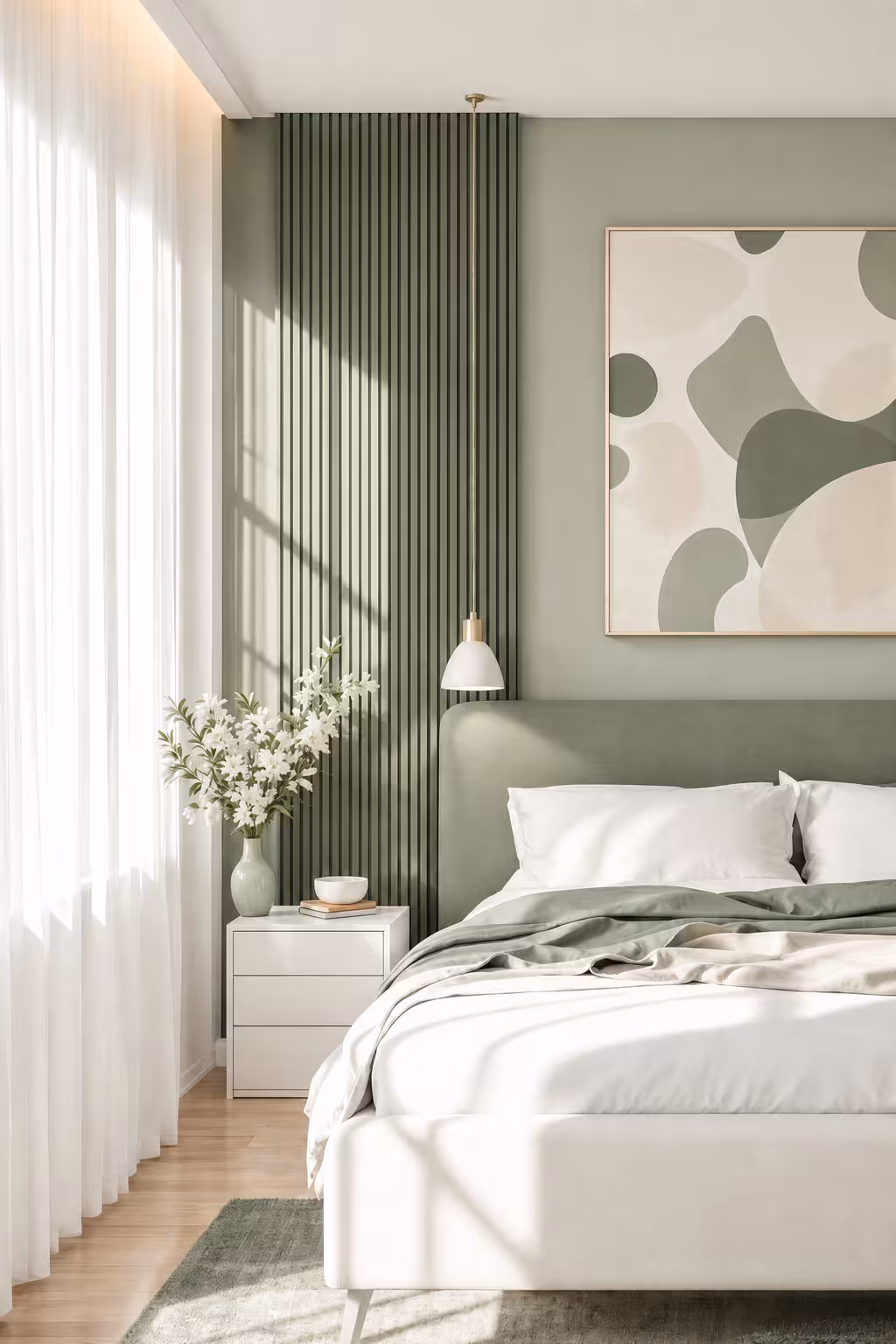 Modern bedroom with soft green and white tones, featuring a green upholstered bed, vertical textured wall panel, abstract art, white nightstand, and natural light.