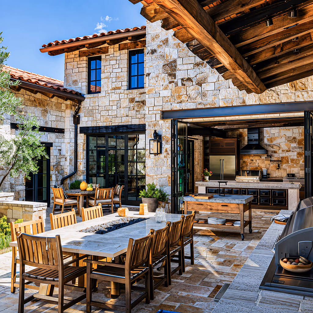 Mediterranean outdoor kitchen with stone walls, open-air layout, dining table, and built-in cooking area connected to the home.