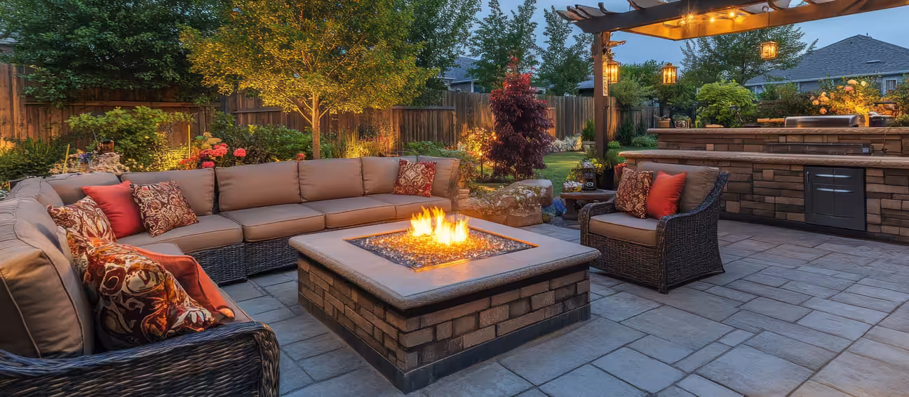 Cozy backyard patio with outdoor kitchen, pergola cover, fire pit seating, and sectional sofa at dusk