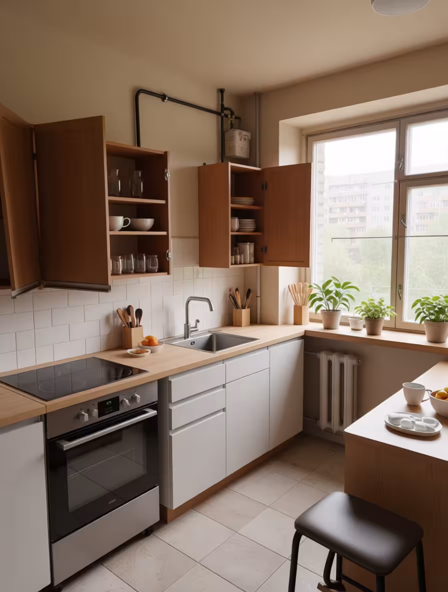 A contemporary kitchen with light wood countertops, white cabinets, open wooden upper cupboards, stainless steel oven, large window, potted plants.