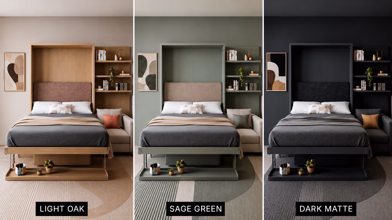 Murphy Bed Ideas: Three-panel comparison of a modern Murphy bed in three finish options: Light Oak, Sage Green, and Dark Matte. Each image shows the same space-saving wall bed folded down with integrated open shelving, a built-in headboard, and a compact sofa, demonstrating how different cabinet finishes can change the room's overall style while maintaining the same functional layout.