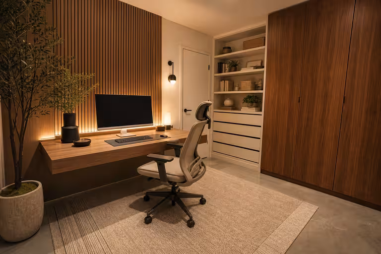 Japandi minimalist home office with walnut wood slat wall, warm lighting, and modern neutral decor
