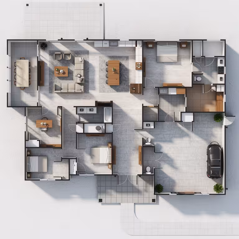 Industrial loft style 3D floor plan render with furnished interiors, open living area, and realistic home layout.