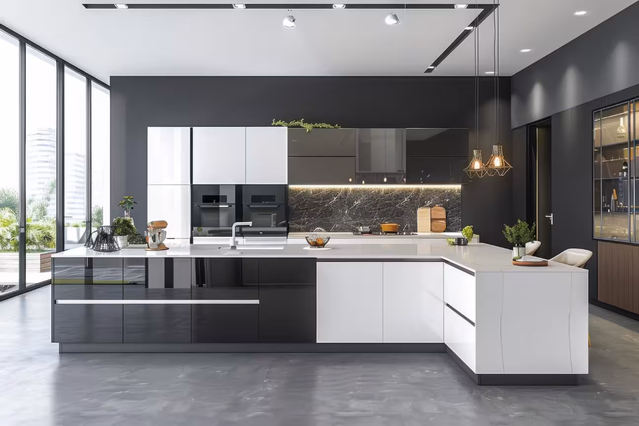Modern kitchen with marble-top black and white cabinets, and integrated appliances. AI-generated