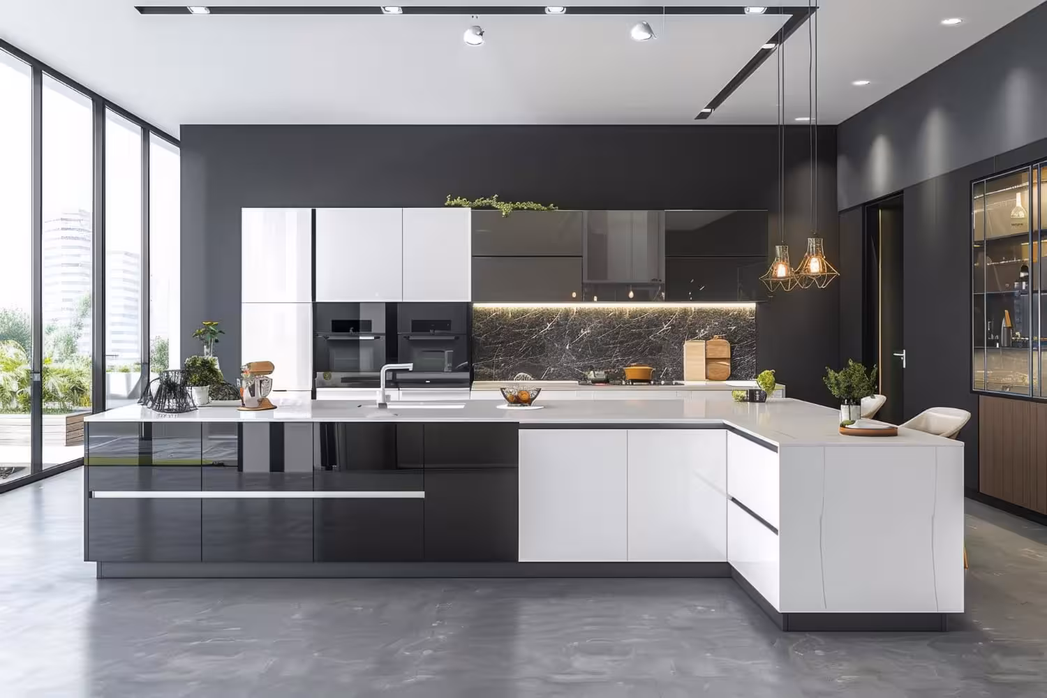 Modern kitchen with marble-top black and white cabinets, and integrated appliances. AI-generated