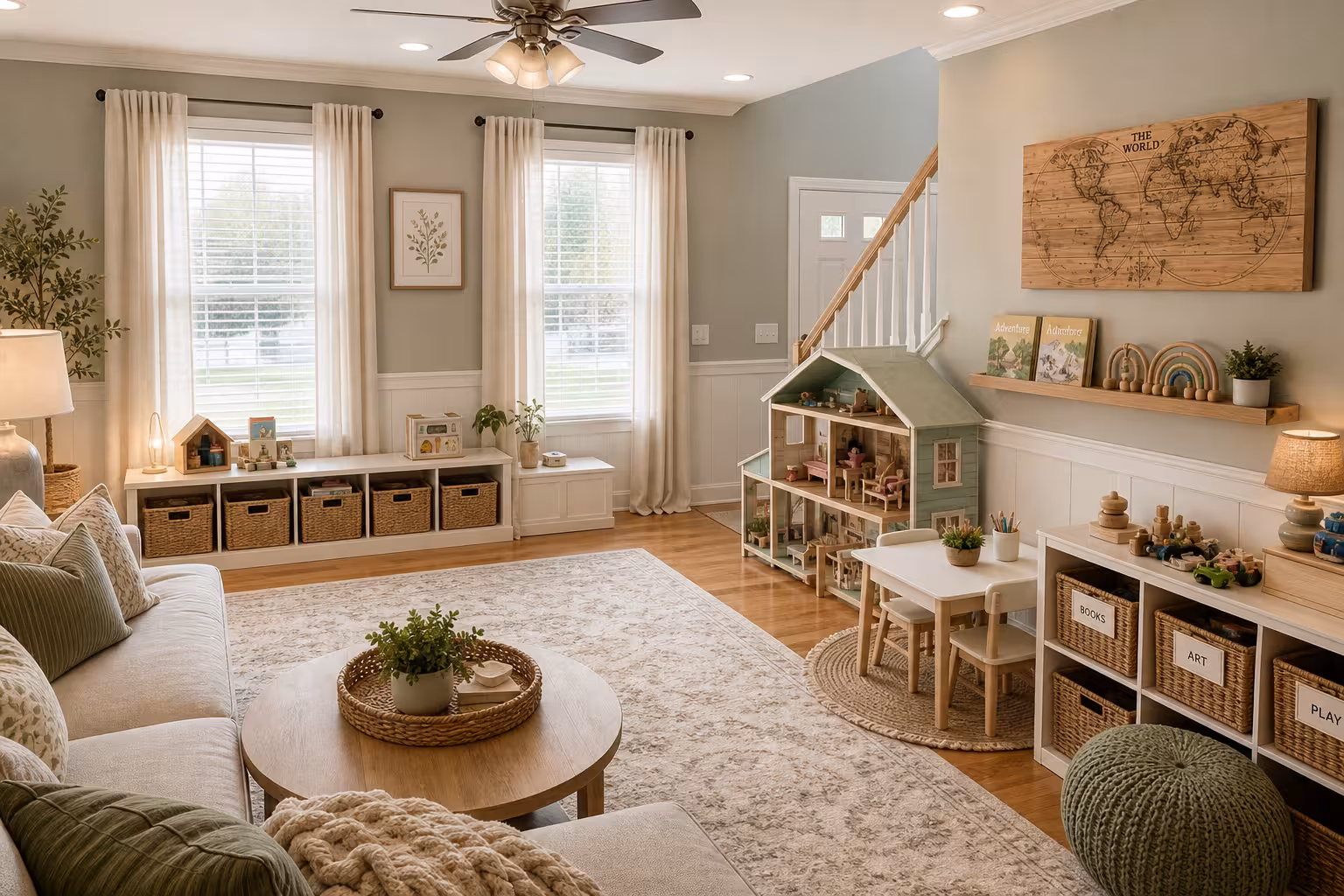 Family living room play area with dollhouse, kids desk, storage bins, gray walls, and hardwood flooring
