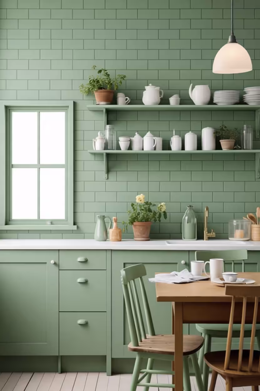 Modern Scandinavian kitchen with sage green cabinetry, matching tile walls, open shelving, wood dining table, and soft pendant lighting