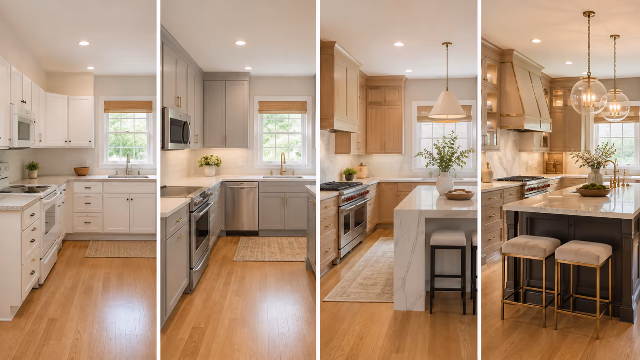 four kitchen designs showing different kitchen remodel budget levels