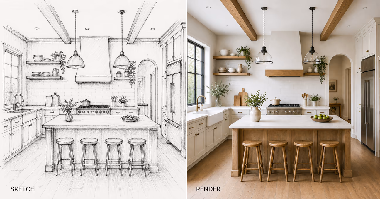 kitchen sketch transformed into a photorealistic modern farmhouse kitchen with a central island.