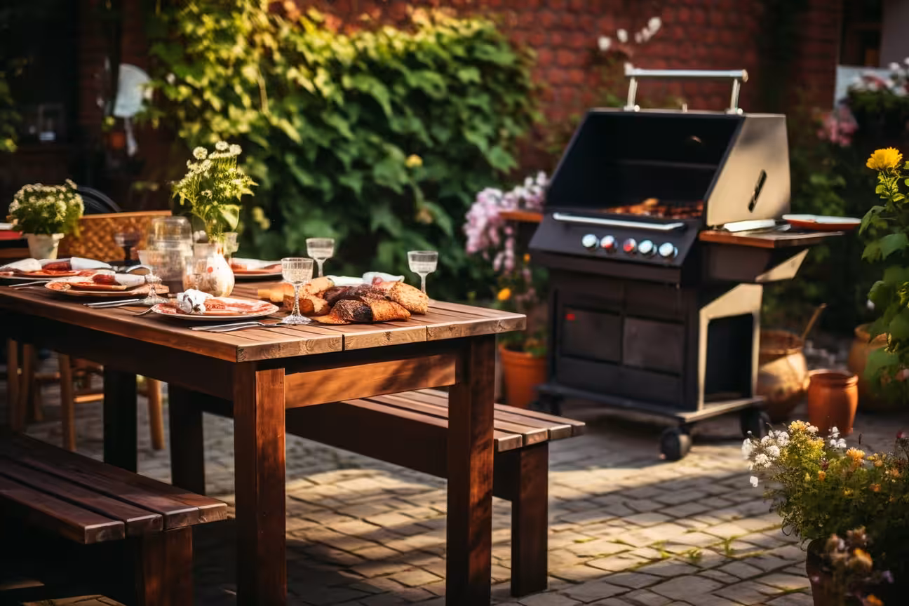 Backyard BBQ outdoor kitchen setup with grill station, picnic table seating, string lights, and fenced garden space for casual gatherings