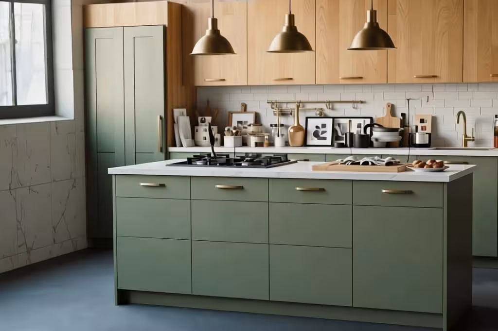 AI Kitchen Design : A shaker kitchen with sage green counter cabinets with marble countertop. Upper cabinets are wooden plain and covered. A tall cabinet on the left beside a window.