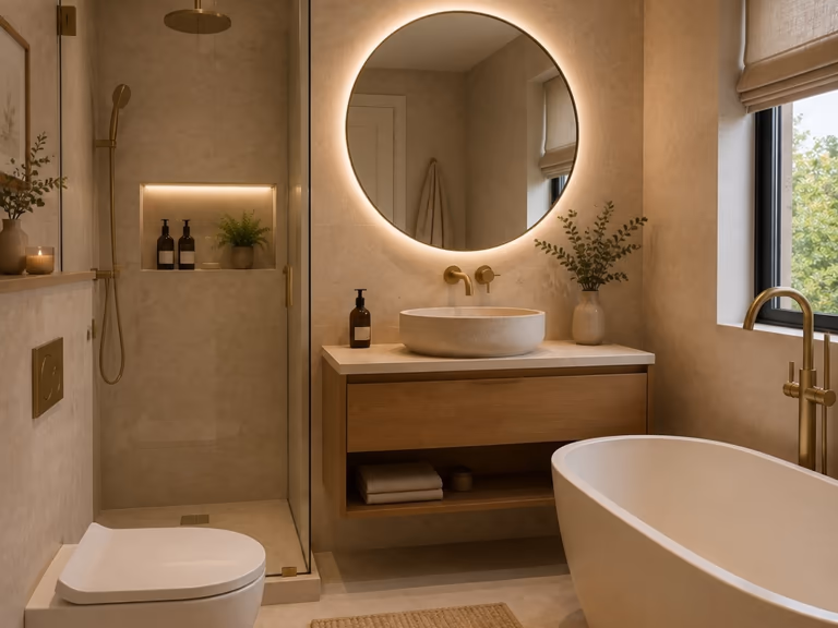 Bathroom with the toilet, basin and freestanding bath left in their original positions, with a wall hung wood vanity and brass taps