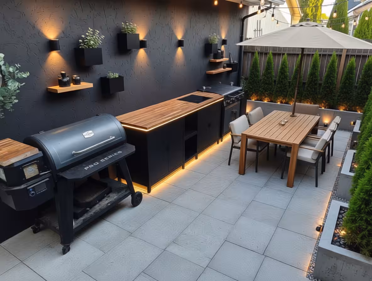 Industrial outdoor kitchen with black cabinetry, ambient lighting, and modern outdoor dining area