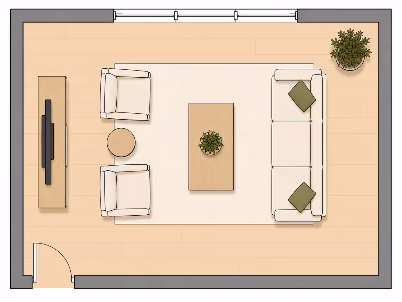 living room layouts: Top-down 2D floor plan of a small rectangular living room with a sofa on the right wall facing two armchairs on the left, centered coffee table, and TV console behind the chairs