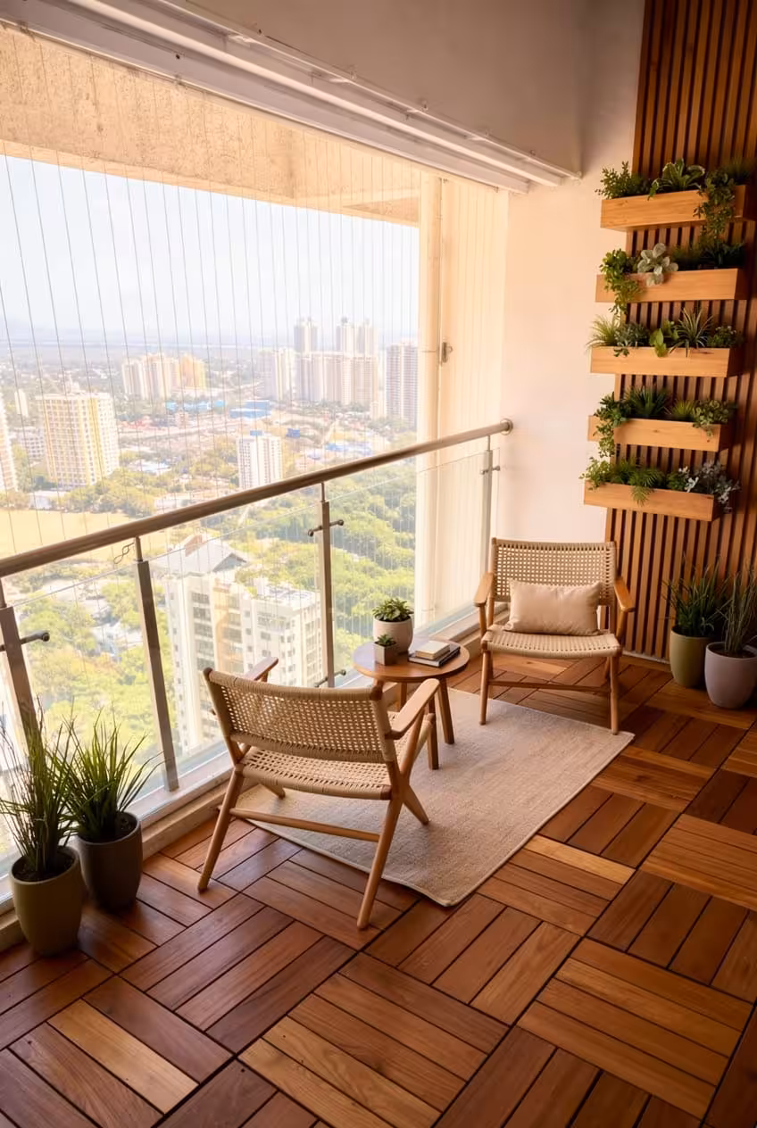 Modern apartment balcony with wood deck flooring, woven lounge chairs, vertical garden wall, and panoramic city skyline view.