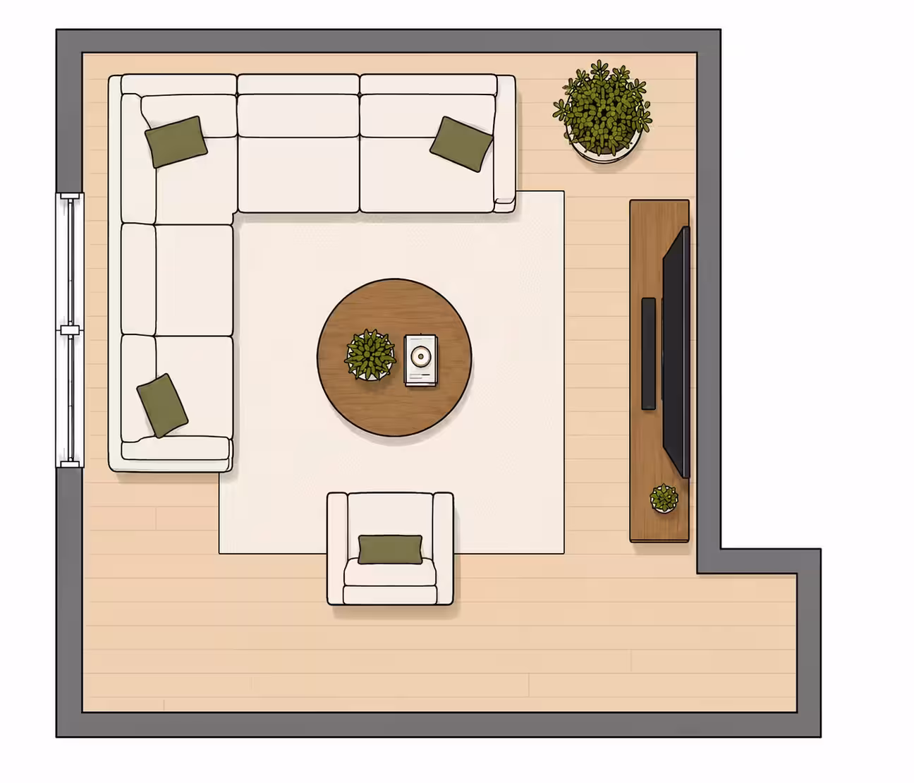 Top-down 2D floor plan of an irregularly shaped small living room with an L-shaped sectional wrapping the left and top walls, round coffee table on a central rug, armchair at the bottom, and TV console on the right wall 