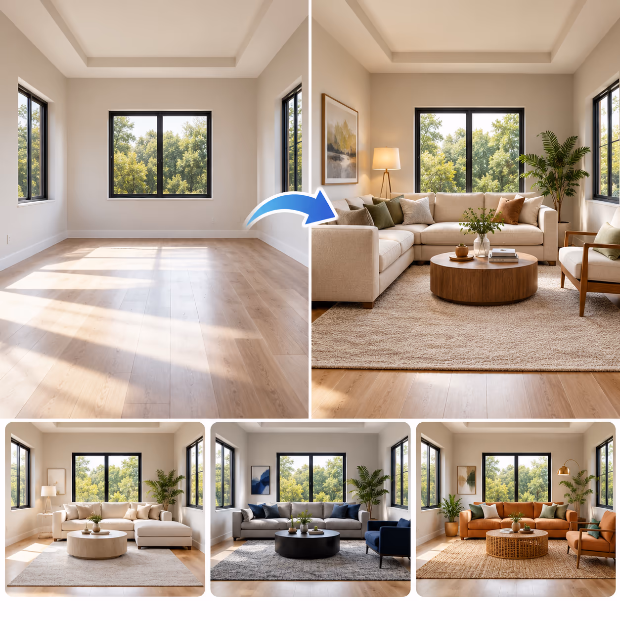 AI virtual staging adding a sofa, rug, table, and decor to an empty room