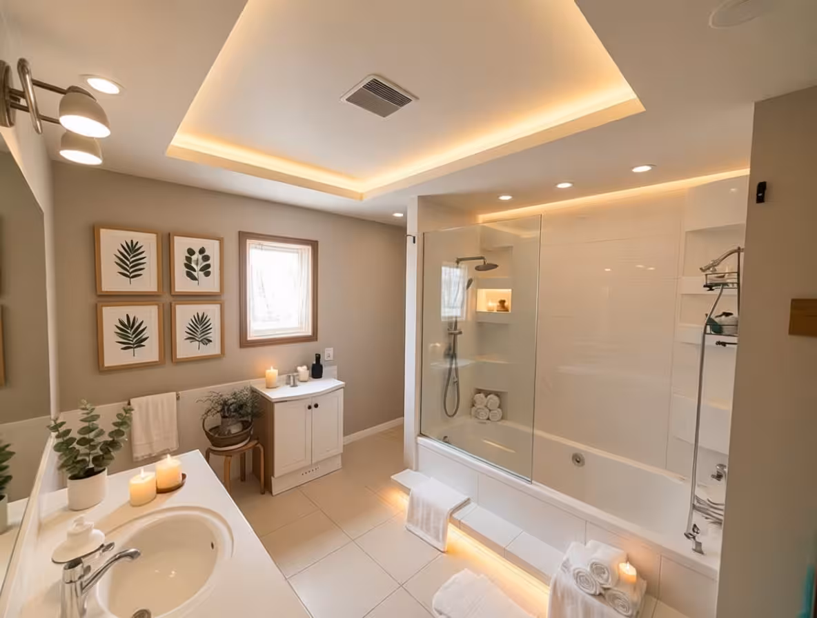 Contemporary bathroom with warm cove lighting, glass-enclosed bathtub shower, white tile walls, and soft beige finishes.