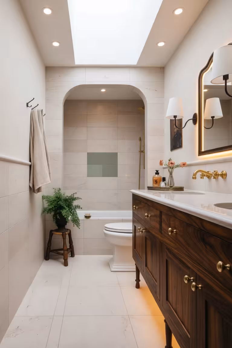 Contemporary bathroom with beige wall tiles, walnut vanity, brass fixtures, and arched shower niche